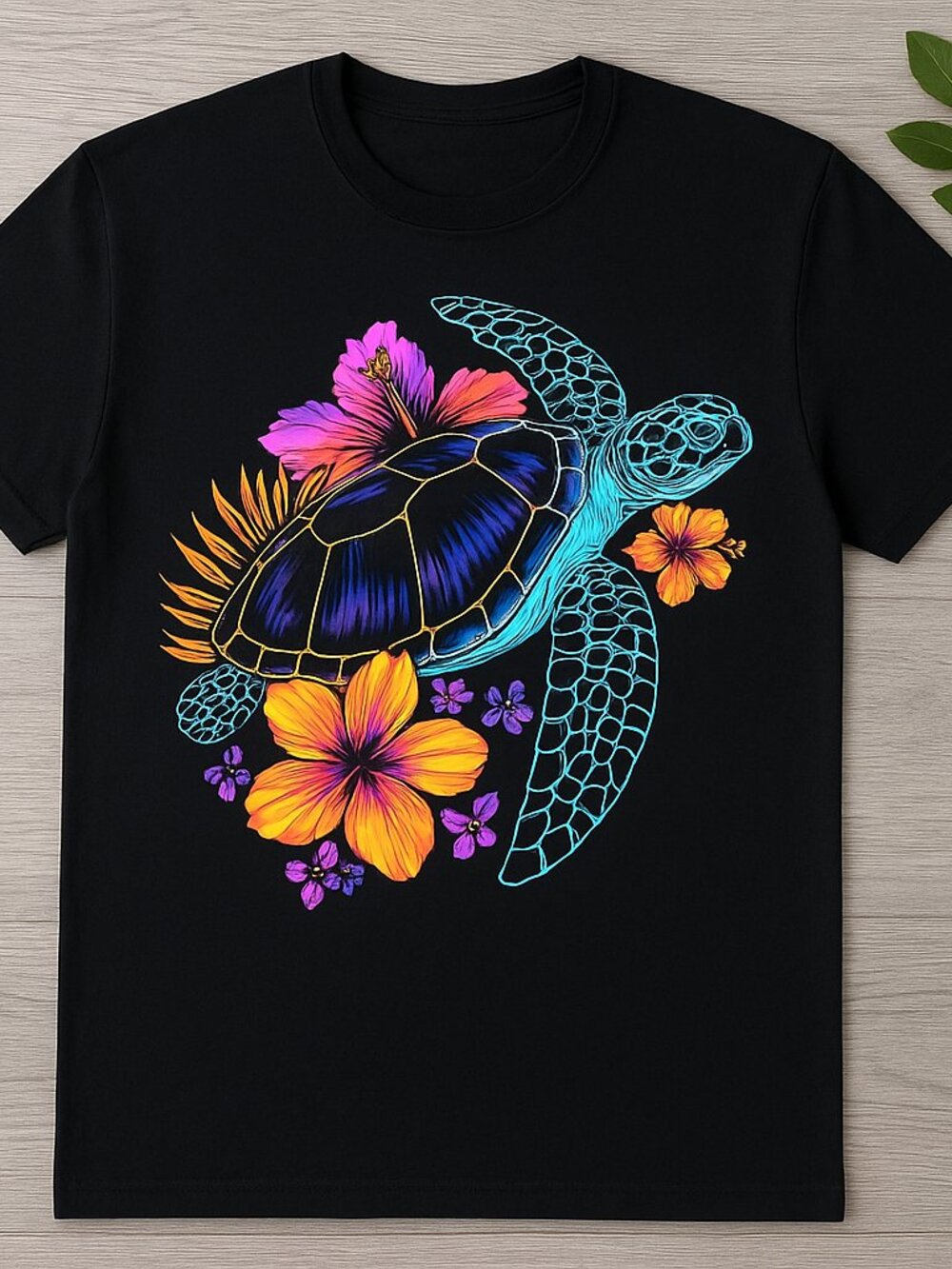 Hawaiian Sea Turtle Hibiscus Neon Tropical Graphic T-Shirt